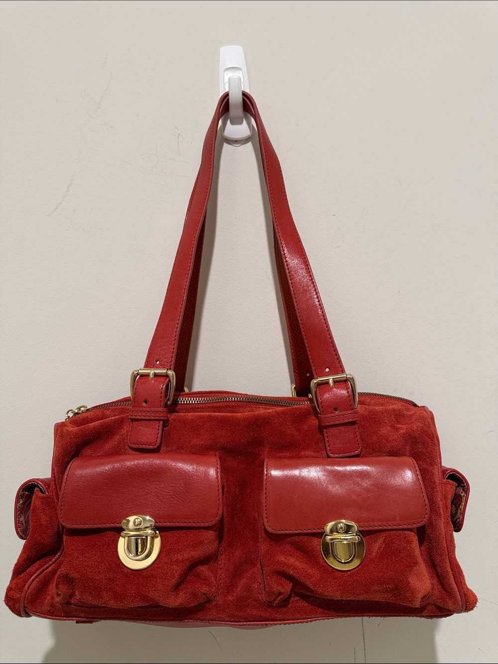 Maxx New York Red Suede Shoulder Bag with Gold Hardware